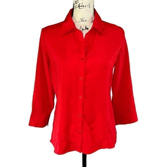 Notations red button down collared 3/4 sleeve blouse small - Picture 1 of 6